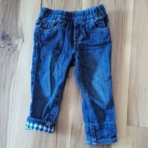 Gap Baby Size 18-24M Dark Wash Denim Jeans Blue Checkered Cuffs Elastic Waist